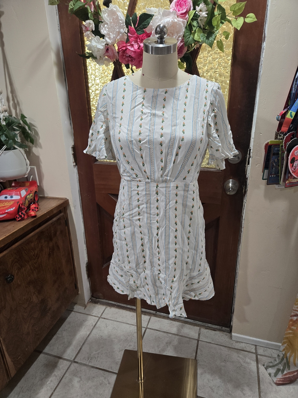 Forever 21 White Mini Dress with Green and Yellow Floral Stripes
